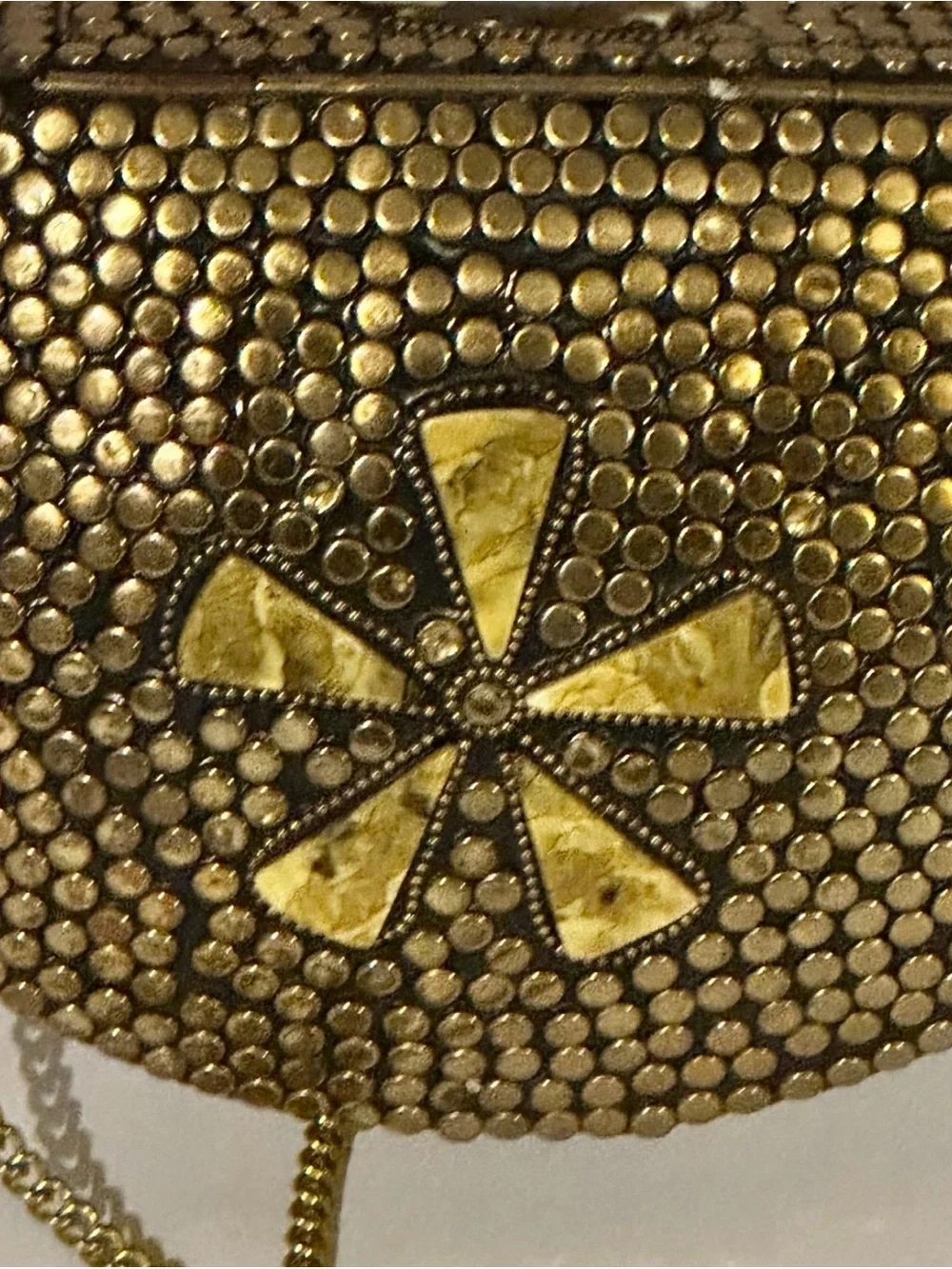 Vintage Brass Mosaic Clutch Boho Hard Case Evening Bag Stones Crossbody